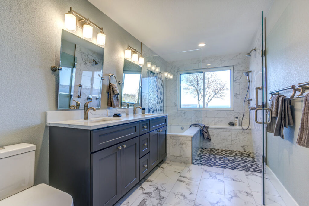 Luxury bathroom interior with Marble floor | Water Damage Restoration in NC | Restoration Carolina Inc